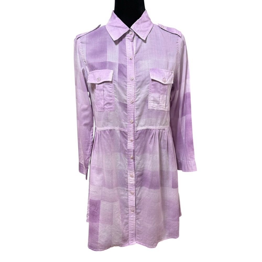 Coldwater Creek Purple Plaid Button-Up Tunic Blouse Cotton Semi Sheer Small